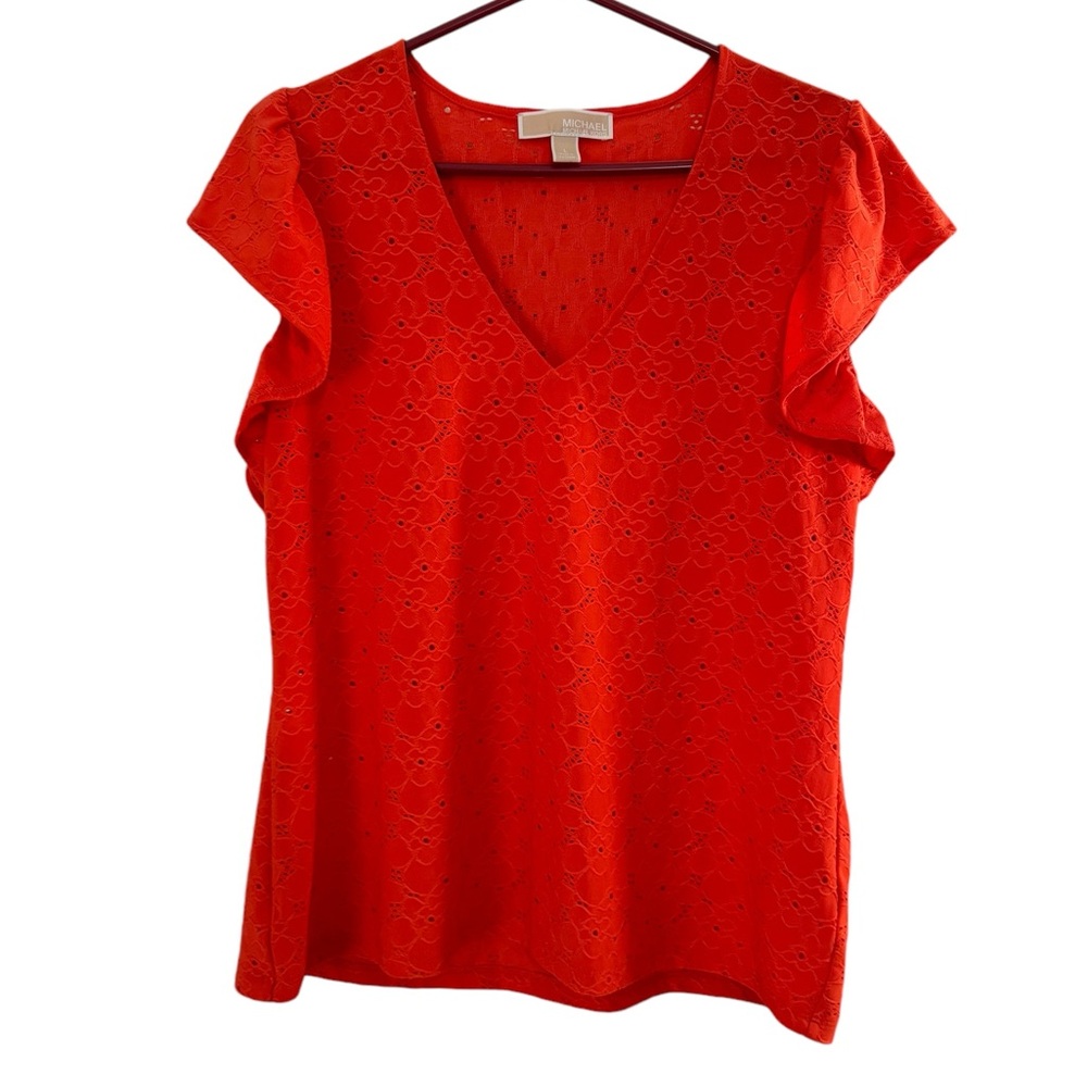 Women’s Michael Kors Orange/Red Short Sleeve V-Neck Eyelet Blouse. Size Large.